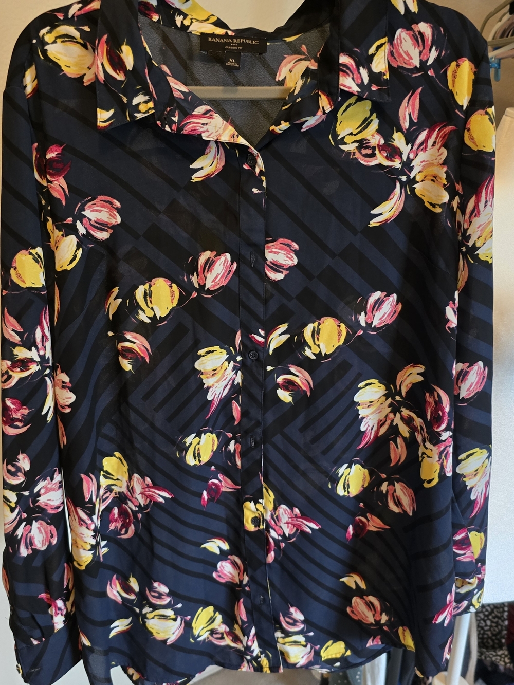 Banana Republic Floral Button-Up Blouse in Navy with Pink & Yellow
